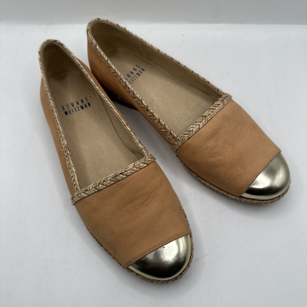 Stuart Weitzman Beige Suede Espadrille Flat Shoes with Gold Cap Toe Sz 5